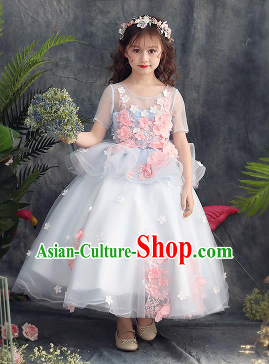 Top Grade Catwalks Flowers Fairy White Veil Full Dress Children Birthday Costume Stage Show Girls Compere Long Dress