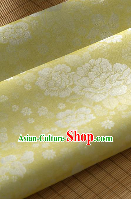 Asian Korea Classical Peony Flowers Pattern Yellow Silk Fabric Korean Fashion Drapery Traditional Hanbok Material