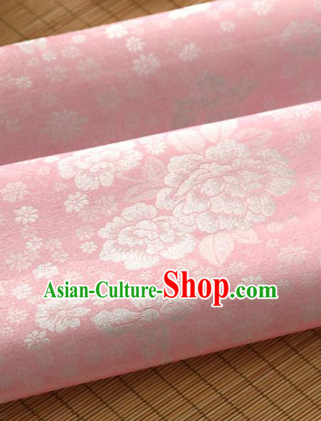 Asian Korea Classical Peony Flowers Pattern Pink Silk Fabric Korean Fashion Drapery Traditional Hanbok Material
