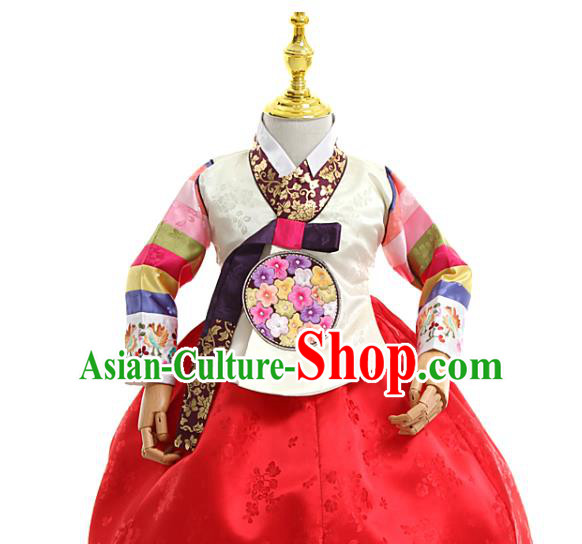 Asian Korea Traditional Embroidered White Brocade Blouse and Red Dress Children Birthday Fashion Korean Apparels Girls Hanbok Costumes