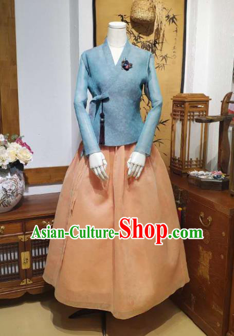 Korean Women Traditional Blue Blouse and Apricot Dress Asian Korea National Fashion Costumes Hanbok Informal Apparels