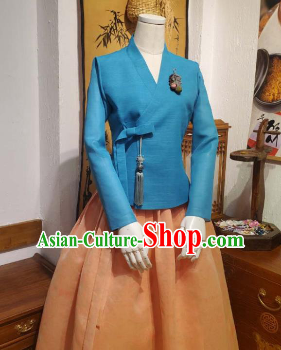 Korean Women Traditional Blue Blouse and Orange Dress Asian Korea National Fashion Costumes Hanbok Informal Apparels