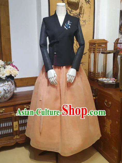 Korean Women Traditional Black Blouse and Orange Dress Asian Korea National Fashion Costumes Hanbok Informal Apparels