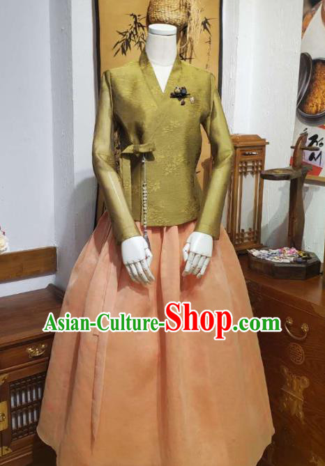 Korean Traditional Olive Green Blouse and Orange Dress Asian Korea National Fashion Costumes Hanbok Women Informal Apparels