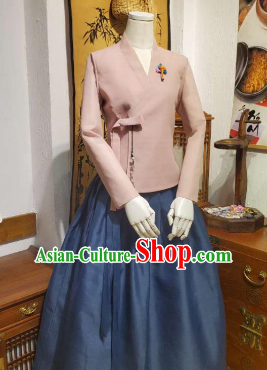 Korean Traditional Deep Pink Blouse and Navy Dress Asian Korea National Fashion Costumes Hanbok Women Informal Apparels