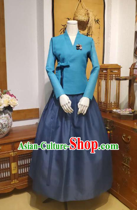 Korean Traditional Blue Blouse and Navy Dress Asian Korea National Fashion Costumes Hanbok Women Informal Apparels