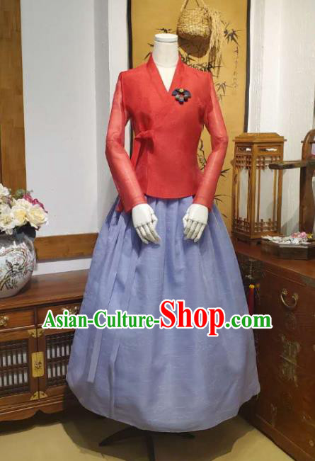 Korean Mother Traditional Red Blouse and Violet Dress Asian Korea National Fashion Costumes Hanbok Women Informal Apparels