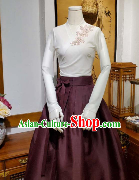 Korean Traditional Dance Blouse and Wine Red Satin Skirt Asian Korea National Fashion Costumes Women Hanbok Apparels