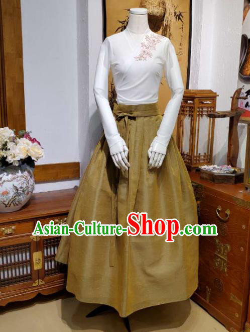 Korean Traditional Dance Blouse and Olive Green Skirt Asian Korea National Fashion Costumes Women Hanbok Apparels