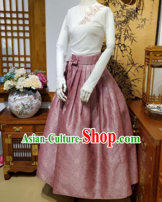 Korean Traditional Dance Blouse and Pink Bust Skirt Asian Korea National Fashion Costumes Women Hanbok Apparels