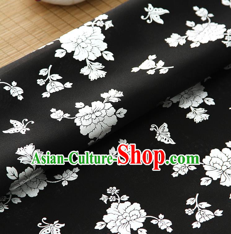 Asian Korea Classical Peony Pattern Black Silk Fabric Korean Traditional Fashion Drapery Hanbok Material