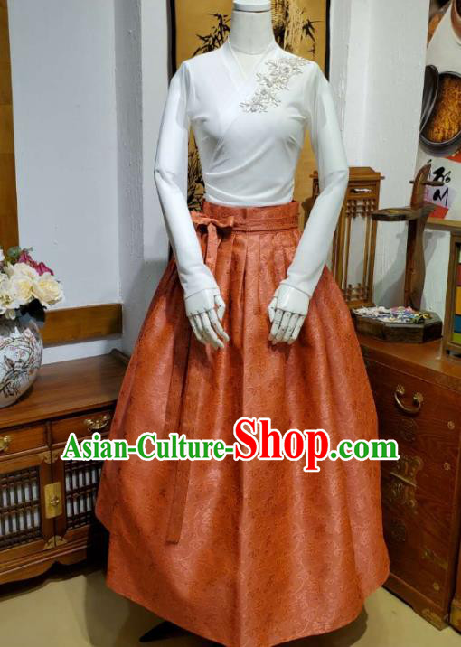 Korean Traditional Dance Blouse and Orange Satin Bust Skirt Asian Korea National Fashion Costumes Women Hanbok Apparels