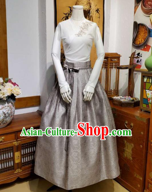 Korean Traditional Dance Blouse and Grey Satin Bust Skirt Asian Korea National Fashion Costumes Women Hanbok Apparels