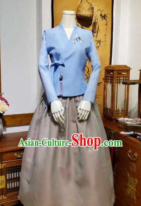 Korean Traditional Female Blue Blouse and Grey Bust Skirt Asian Korea National Fashion Costumes Women Hanbok Apparels