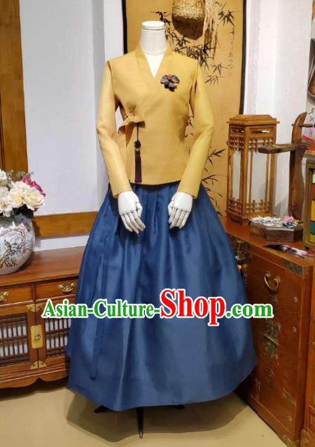 Korean Traditional Female Ginger Blouse and Navy Bust Skirt Asian Korea National Fashion Costumes Women Hanbok Apparels