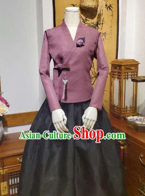 Korean Traditional Female Purple Blouse and Black Bust Skirt Asian Korea National Fashion Costumes Women Hanbok Informal Apparels