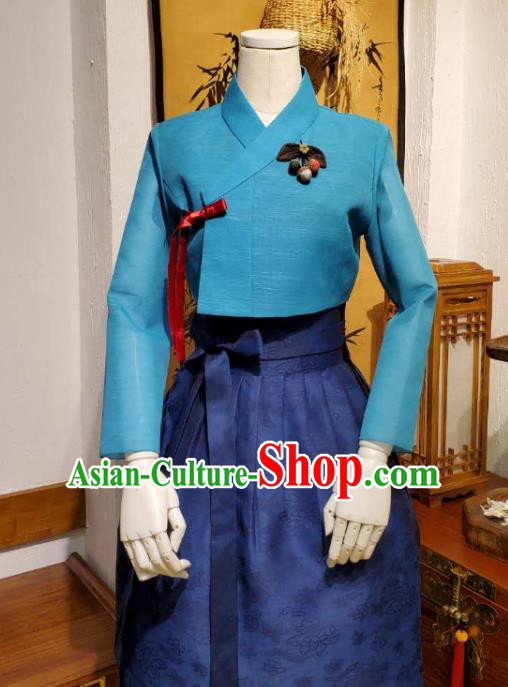 Korean Traditional Blue Top Blouse and Deep Blue Dress Asian Korea National Fashion Costumes Women Hanbok Informal Apparels