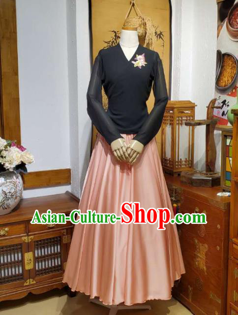 Korean Traditional Dance Training Black Veil Blouse and Pink Satin Skirt Asian Women Hanbok Informal Apparels Korea Fashion Costumes