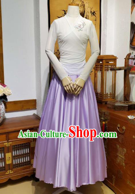 Korean Traditional Dance Training White Veil Blouse and Lilac Satin Skirt Asian Women Hanbok Informal Apparels Korea Fashion Costumes