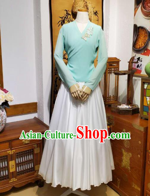 Korean Traditional Dance Training Light Blue Veil Blouse and White Satin Skirt Asian Women Hanbok Informal Apparels Korea Fashion Costumes