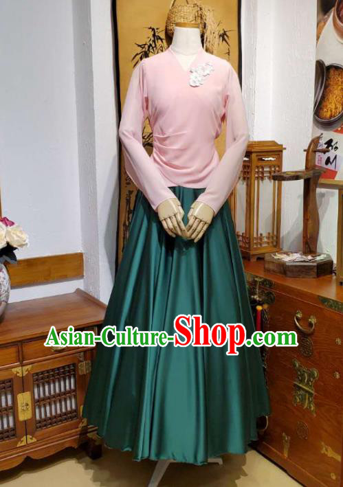 Korean Traditional Dance Training Pink Veil Blouse and Deep Green Satin Skirt Asian Women Hanbok Informal Apparels Korea Fashion Costumes