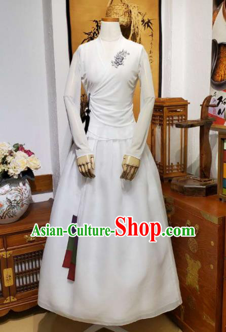 Korean Dance Training White Veil Blouse and Skirt Asian Women Hanbok Informal Apparels Korea Fashion Traditional Costumes