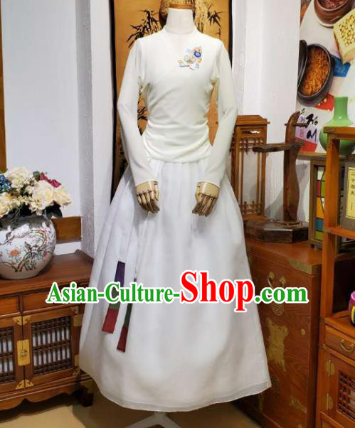 Korean Dance Training Beige Veil Blouse and Skirt Asian Women Hanbok Informal Apparels Korea Fashion Traditional Costumes