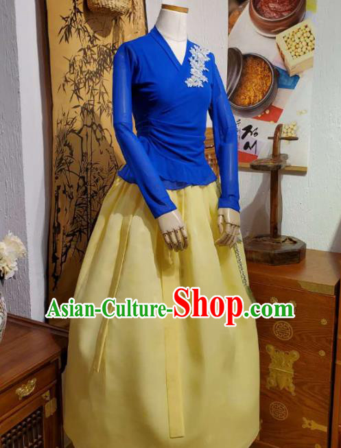 Korean Dance Training Royalblue Veil Blouse and Yellow Skirt Asian Women Hanbok Informal Apparels Korea Fashion Traditional Costumes