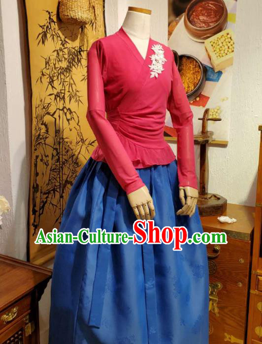 Korean Dance Training Rosy Veil Blouse and Deep Blue Skirt Asian Women Hanbok Informal Apparels Korea Fashion Traditional Costumes