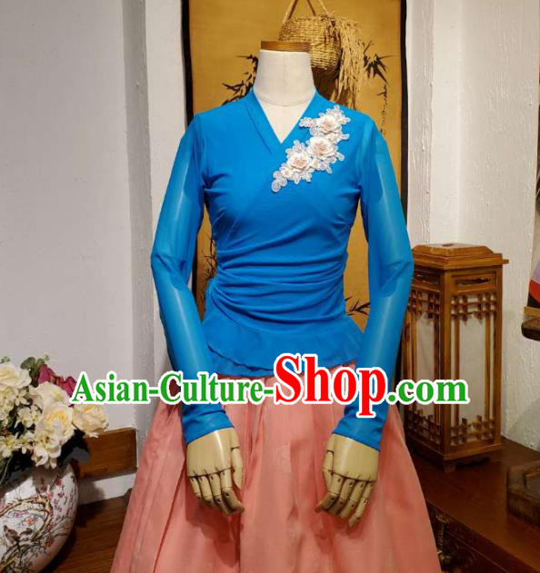 Korean Dance Training Blue Veil Blouse and Pink Skirt Asian Women Hanbok Informal Apparels Korea Fashion Traditional Costumes