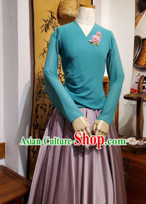 Korean Traditional Dance Training Teal Veil Blouse and Deep Pink Satin Skirt Asian Women Hanbok Informal Apparels Korea Fashion Costumes