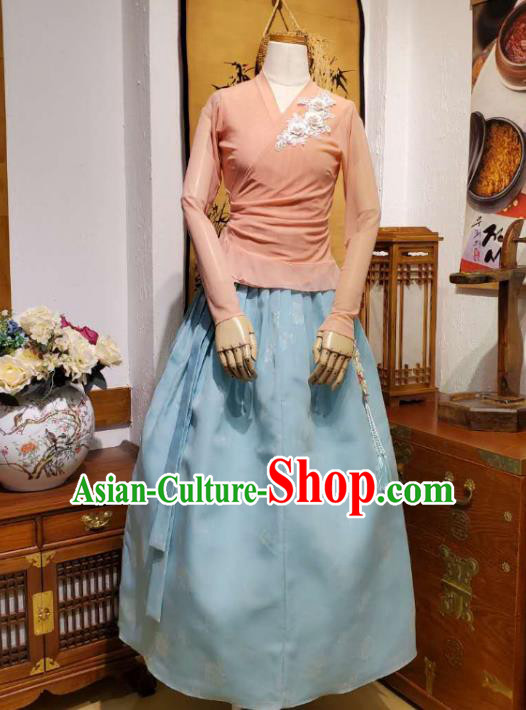 Korean Dance Training Pink Veil Blouse and Light Blue Skirt Asian Women Hanbok Informal Apparels Korea Fashion Traditional Costumes