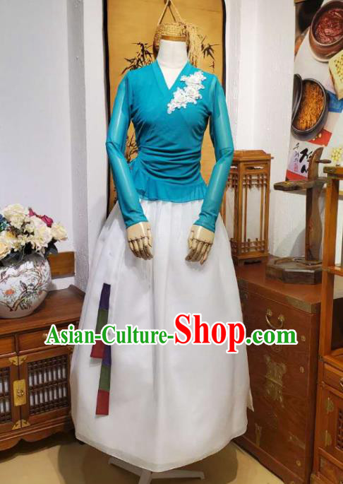 Korean Dance Training Blue Veil Blouse and White Skirt Asian Women Hanbok Informal Apparels Korea Fashion Traditional Costumes