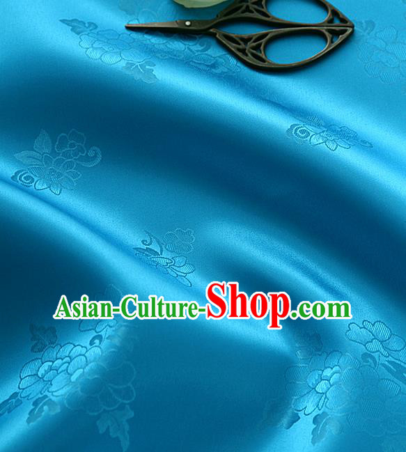 Traditional Korean Classical Roses Pattern Blue Satin Drapery Hanbok Material Asian Korea Fashion Silk Fabric