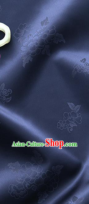 Traditional Korean Classical Roses Pattern Navy Blue Satin Drapery Hanbok Material Asian Korea Fashion Silk Fabric