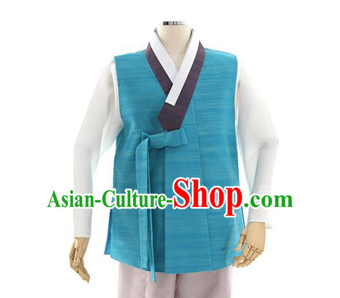 Asian Korea Men Blue Vest Shirt and Pants Dress Korean Bridegroom Fashion Traditional Wedding Hanbok Apparels Costumes