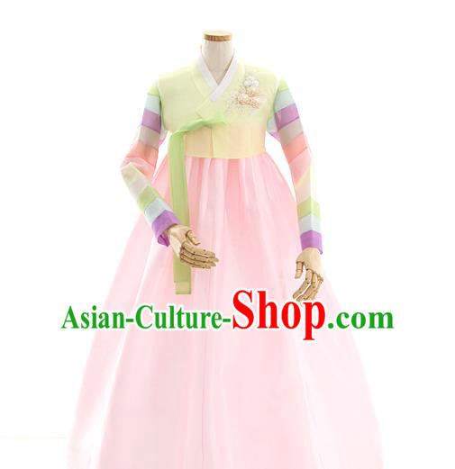 Korean Traditional Wedding Light Yellow Blouse and Pink Dress Korea Fashion Bride Costumes Hanbok Apparels for Women