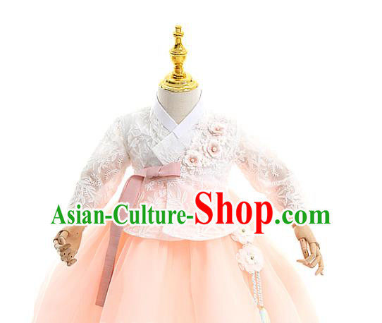 Asian Korea Girls Traditional Embroidered White Blouse and Pink Dress Korean Children Birthday Fashion Apparels Hanbok Costumes