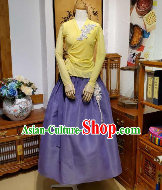 Korean Apparels Yellow Veil Blouse and Lilac Skirt Asian Women Informal Hanbok Korea Fashion Traditional Dance Training Costumes