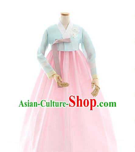 Korean Bride Light Blue Blouse and Pink Dress Korea Fashion Costumes Traditional Wedding Hanbok Apparels for Women