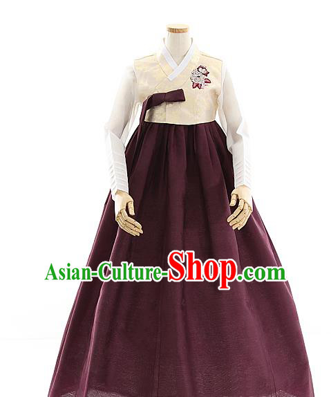 Korean Bride Beige Blouse and Wine Red Dress Korea Fashion Costumes Traditional Wedding Hanbok Festival Apparels for Women