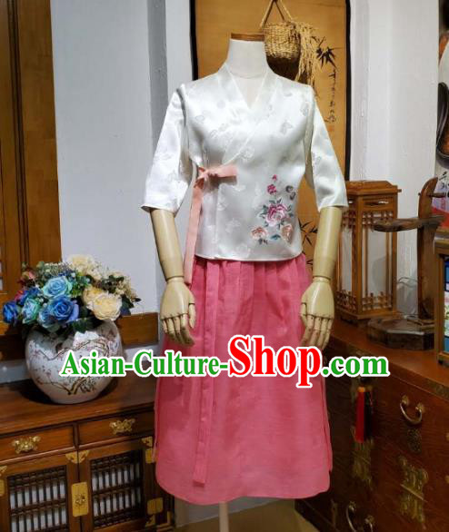 Korean Waitress Apparels Embroidered White Blouse and Pink Skirt Asian Women Work Hanbok Korea Fashion Traditional Costumes