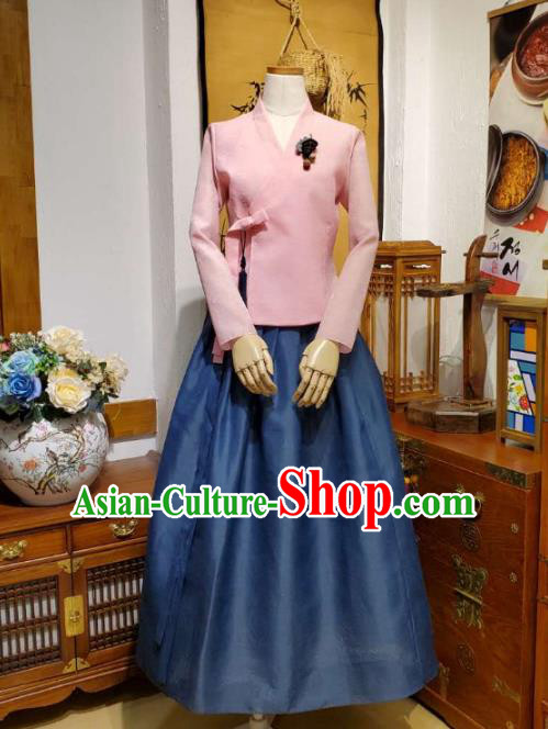 Korean Women Apparels Pink Blouse and Navy Skirt Asian Korea Fashion Traditional Hanbok Costumes