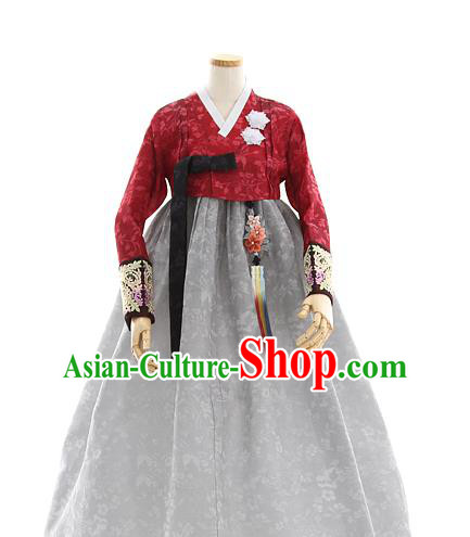 Korean Bride Mother Dark Red Blouse and Grey Dress Korea Fashion Costumes Traditional Hanbok Festival Apparels for Women