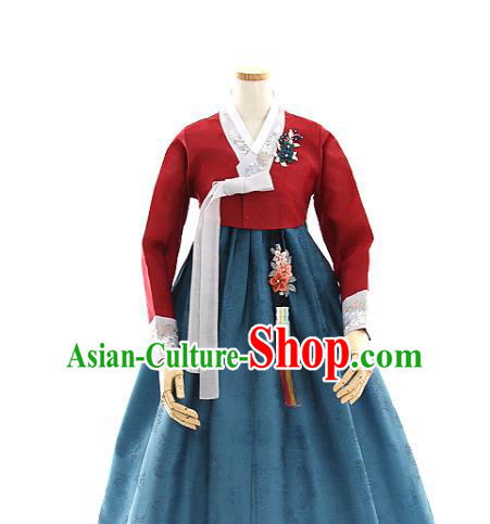 Korean Bride Mother Red Blouse and Dark Green Dress Korea Fashion Costumes Traditional Hanbok Festival Apparels for Women