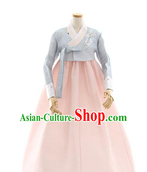 Korean Bride Mother Blue Blouse and Pink Dress Korea Fashion Costumes Traditional Hanbok Festival Apparels for Women