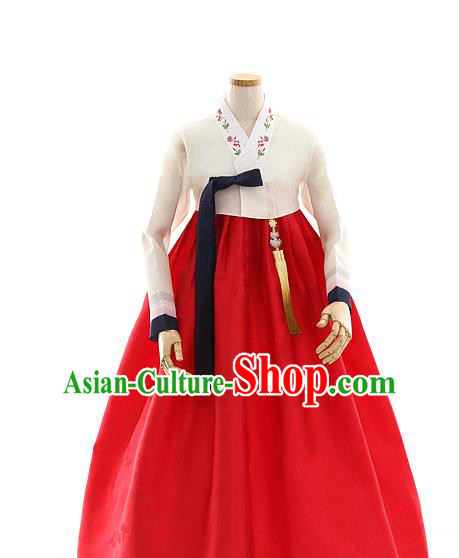 Korean Bride Mother Beige Blouse and Red Dress Korea Fashion Costumes Traditional Hanbok Festival Apparels for Women