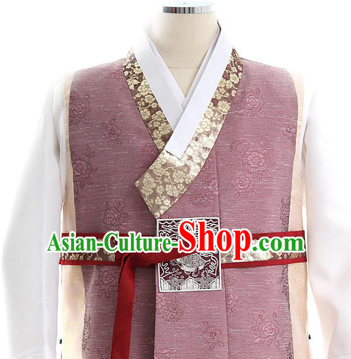 Asian Korea Men Embroidered Cameo Brown Vest Shirt and Pants Korean Wedding Fashion Traditional Apparels Bridegroom Hanbok Costumes