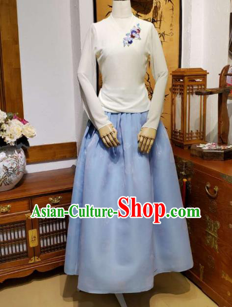 Korean Dance Training White Veil Blouse and Light Blue Satin Skirt Asian Women Hanbok Informal Apparels Korea Fashion Traditional Costumes