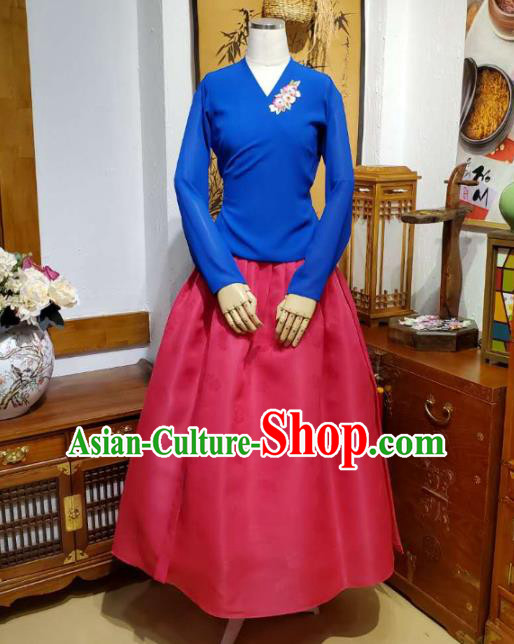 Korean Dance Training Royalblue Veil Blouse and Rosy Satin Skirt Asian Women Hanbok Informal Apparels Korea Fashion Traditional Costumes
